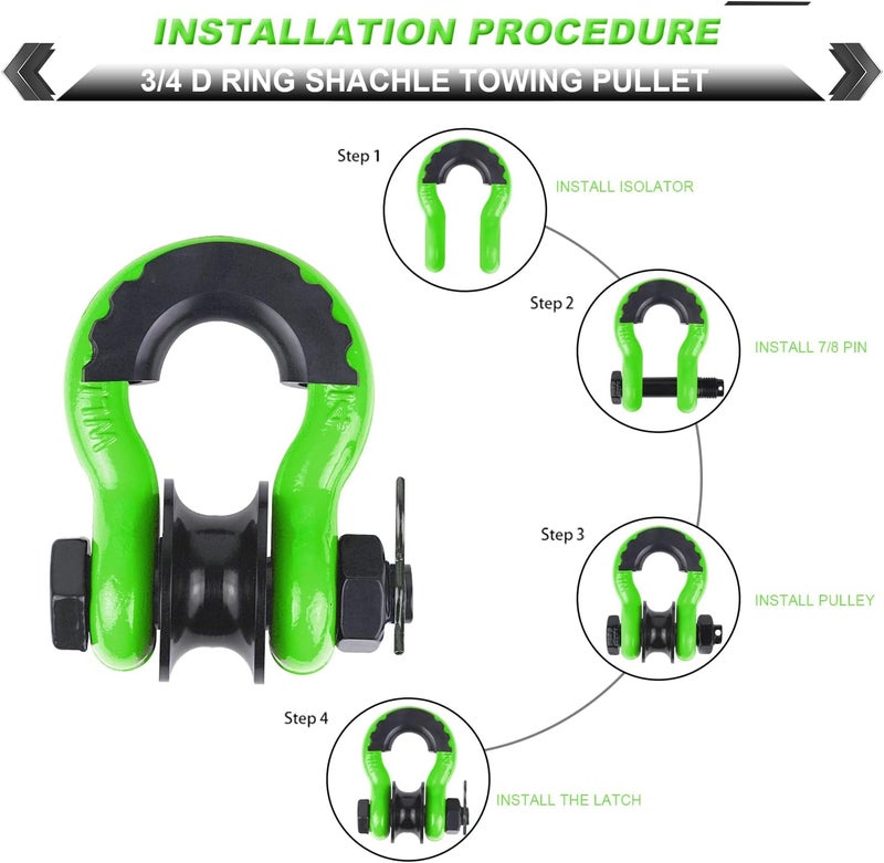 AMBULL Upgraded Snatch Block, 3/4" D Ring Shackle (2 Pack) 22,000lb Break Strength with Towing Pulley, Heavy Duty Offroad Recovery Accessory for Truck, Tractor, ATV & UTV (Green) - Image 4
